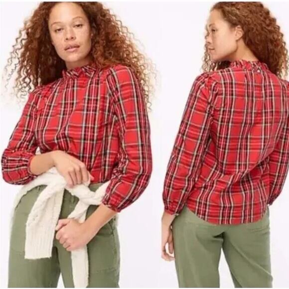 NWT J. Crew Long-Sleeve Ruffleneck Top in Red Stewart Tartan Size Small - Picture 1 of 9